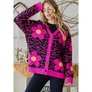 BIBI Pink and Black Floral Women's Sweater